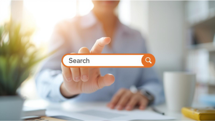 Anwenderin einer Enterprise Search Software mit Sucheingabefeld im Vordergrund