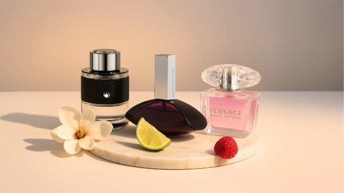 Parfumflakons verschiedener Marken auf Marmorplatte, umgeben von einer weißen Blüte, Limette und einer Himbeere